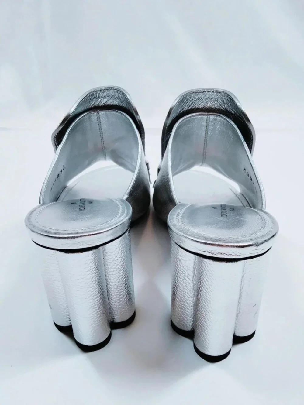 Authentic Louis Vuitton Silver Metallic Leather Fringe Mule Sandals Block Heels